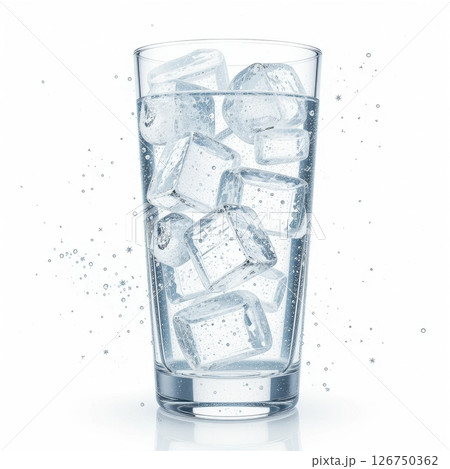 Refreshing Glass of Water with Ice Cubes and Bubbles in Clear Background 126750362