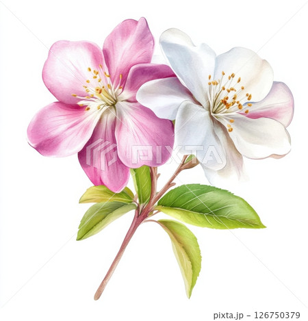 Pink and White Flower Branch in Lovely Watercolor Illustration 126750379
