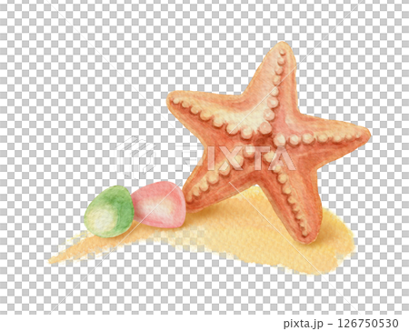 Starfish and sea glass on the sand brushstroke. Hand drawn watercolor beach illustration of ocean animal and decor with realistic texture. Perfect for summer card template and holiday season design. Starfish and sea glass on the sand brushstroke. Hand drawn watercolor beach illustration of ocean animal and decor with realistic texture. Perfect for summer card template and holiday season design. 126750530