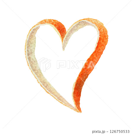 Heart shaped orange peel. Hand drawn watercolor food illustration of sweet fruit decor. Decorative citrus image with colorful realistic texture. Perfect for summer card template and menu design. 126750533
