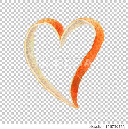 Heart shaped orange peel. Hand drawn watercolor food illustration of sweet fruit decor. Decorative citrus image with colorful realistic texture. Perfect for summer card template and menu design. 126750533
