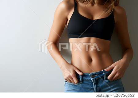 引き締まった女性の腹筋とジーンズのファッションイメージ 126750552