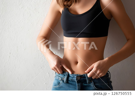 引き締まった女性の腹筋とジーンズのファッションイメージ 126750555