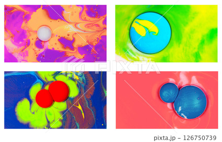 A vivid fusion of high-contrast colors where glowing orbs float over marbled backdrops, channeling the raw energy of pigment in motion. 126750739