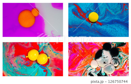 A bold set of 4 macro abstract ink visuals, pulsing with saturated pinks, deep cyan, fiery red, and punchy yellow. celebrating energy, fluidity, and surreal delight. 126750744