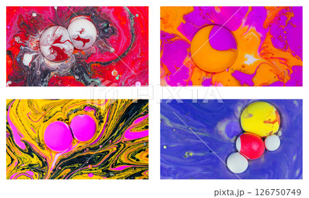 A powerful set of 4 abstract macro artworks featuring vibrant ink collisions in fluid. saturated with bold pinks, reds, yellows, and purples. These works evoke intensity, motion, and creative chaos. 126750749