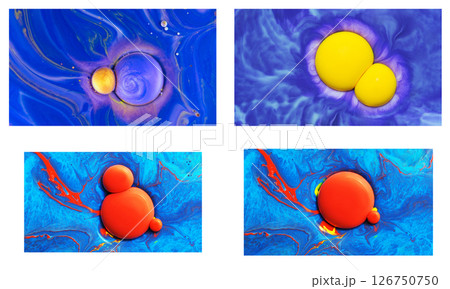 Set of 4 dynamic macro artworks of colorful ink drops in fluid, evoking cosmic motion. Perfect for digital backgrounds, posters, and creative visuals. Set of 4 dynamic macro artworks of colorful ink drops in fluid, evoking cosmic motion. Perfect for digital backgrounds, posters, and creative visuals. 126750750
