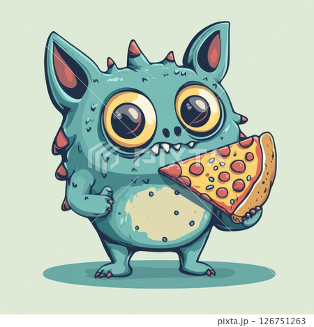 Cute Cartoon Monster Character Holding a Slice of Pizza 126751263