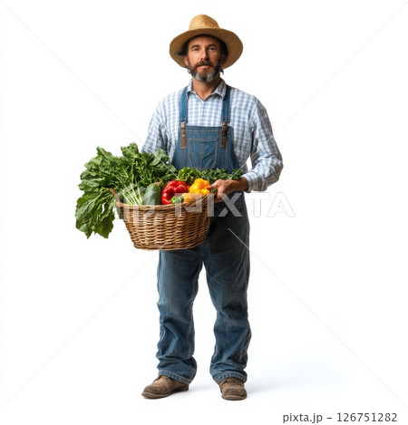Farmer in Overalls Holding Basket of Fresh...のイラスト素材 [126751282] - PIXTA