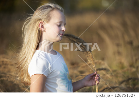 Beautiful little girl in a meadow with a bouquet of herbs.Child in a beautiful summer field. 126751327