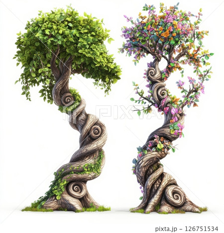 Whimsical Cartoon Trees with Spiraled Trunks and Colorful Leaves 126751534