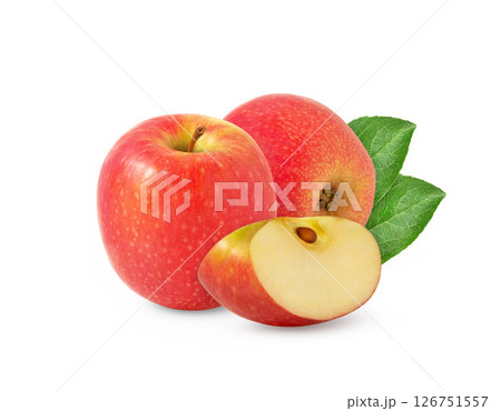 Red apple and a slice isolated with leaf. Pink apples and leaves isolated. Red apple and a slice isolated with leaf. Pink apples and leaves isolated. 126751557
