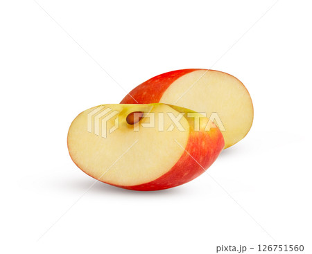Two slices of red apple isolated on white background. Apple slice with seed. Two slices of red apple isolated on white background. Apple slice with seed. 126751560