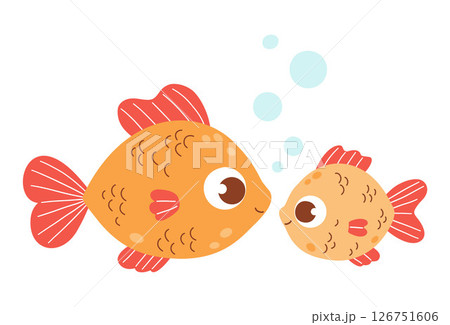 Cute funny Big and little Fish with bubbles. Mom and baby cartoon animal. Vector illustration. Kids collection 126751606