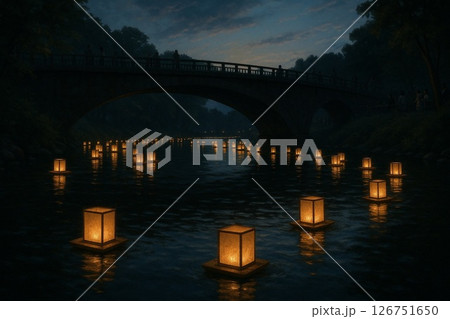夏の夜の、橋の下の、灯篭流し 夏の夜の、橋の下の、灯篭流し 126751650