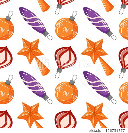 Christmas seamless pattern with tree ball and star in cartoon style. Retro toy background for design package, holiday paper, festive decor. Christmas seamless pattern with tree ball and star in cartoon style. Retro toy background for design package, holiday paper, festive decor. 126751777