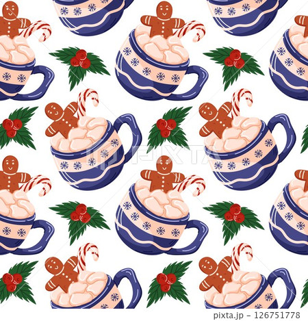 Seamless pattern with festive mug filled with hot chocolate, marshmallow, gingerbread cookie man, candy cane and fir leaves in cartoon style. Design for Christmas, winter holiday, greeting card. Seamless pattern with festive mug filled with hot chocolate, marshmallow, gingerbread cookie man, candy cane and fir leaves in cartoon style. Design for Christmas, winter holiday, greeting card. 126751778