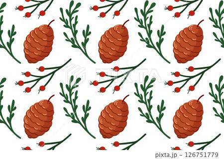 Seamless pattern with pine cone and green twig in cartoon style on white background. Perfect for Christmas packaging, winter design and festive background. 126751779