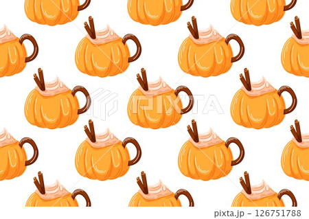 Cup of hot cocoa or coffee with whipped cream and cinnamon in cartoon style. Seamless pattern of beverage for bakery, cafe, kitchen wallpaper and background. 126751788