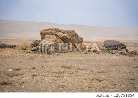 Ancient megalith near Kosh-Agach Altai Russia. Historic stone monument in remote Siberian mountain landscape. Place of power 126751854
