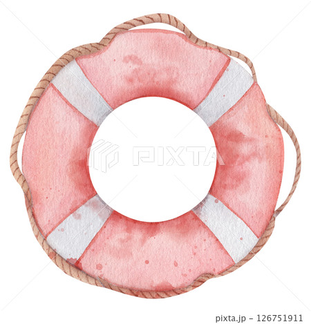 Lifebuoy with ropes. Watercolor illustration of a classic life preserver. Hand drawn nautical theme element with red and white stripes, perfect for nautical theme and coastal decor 126751911
