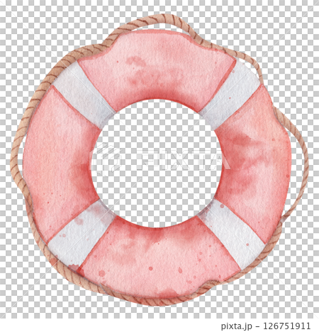 Lifebuoy with ropes. Watercolor illustration of a classic life preserver. Hand drawn nautical theme element with red and white stripes, perfect for nautical theme and coastal decor 126751911