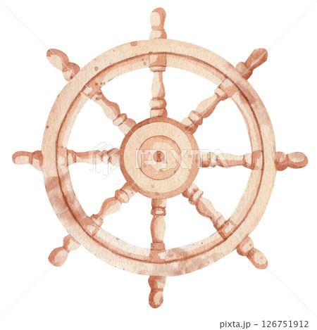 Watercolor illustration of wooden ship's helm. A nautical-themed hand drawn element perfect for nautical decor, vintage designs or creative ocean-inspired projects. Isolated on white background. 126751912