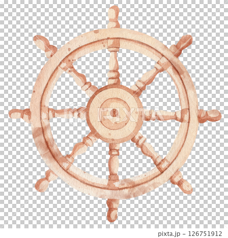 Watercolor illustration of wooden ship's helm. A nautical-themed hand drawn element perfect for nautical decor, vintage designs or creative ocean-inspired projects. Isolated on white background. 126751912