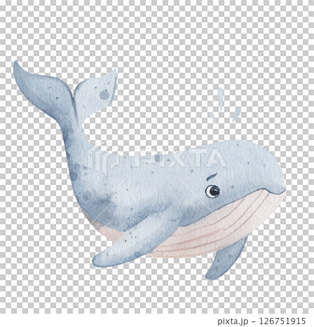 Whale. Cute watercolor illustration for kids. Hand drawnin soft colors, isolated on a white background, perfect for baby room decor, children's books or playful ocean-themed designs. Whale. Cute watercolor illustration for kids. Hand drawnin soft colors, isolated on a white background, perfect for baby room decor, children's books or playful ocean-themed designs. 126751915