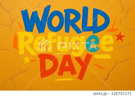 Text World Refugee day in acrylic style on bright strokes background 126752171