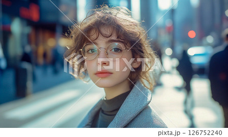 A young woman with curly hair and glasses looks directly into the camera while standing on a city street, looking at camera A beautiful female portrait A young woman with curly hair and glasses looks directly into the camera while standing on a city street, looking at camera A beautiful female portrait 126752240