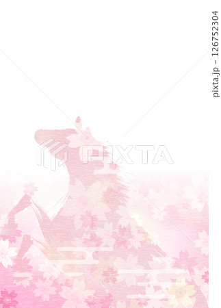 2026年午年の年賀状、いななく馬のシルエットと和風ピンクの桜背景 126752304