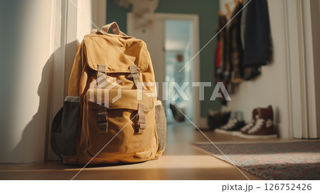 Warm yellow backpack in a school hallway 126752426