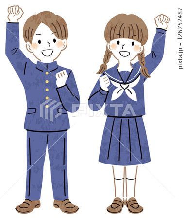 拳をあげて笑顔の制服姿の男女の学生のイラスト　全身 126752487