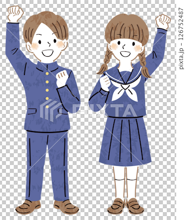 身穿校服的男女學生微笑並舉起拳頭的全身插圖 126752487