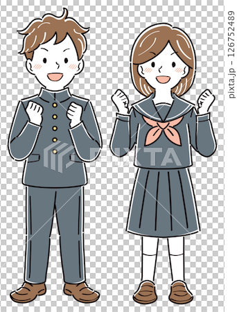 身穿校服的男女學生握拳的全身插圖 126752489