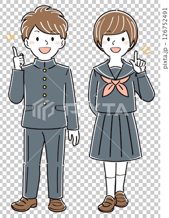 Illustration of male and female students in uniforms explaining with their index fingers raised, full body Illustration of male and female students in uniforms explaining with their index fingers raised, full body 126752491