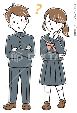 疑問に感じて悩む制服姿の男女の学生のイラスト　全身 126752493