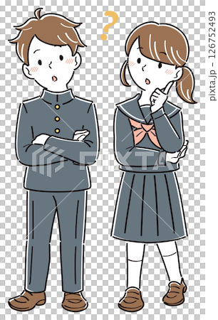疑問に感じて悩む制服姿の男女の学生のイラスト　全身 126752493