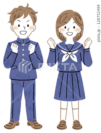 ガッツポーズをする制服姿の男女の学生のイラスト　全身 126752494