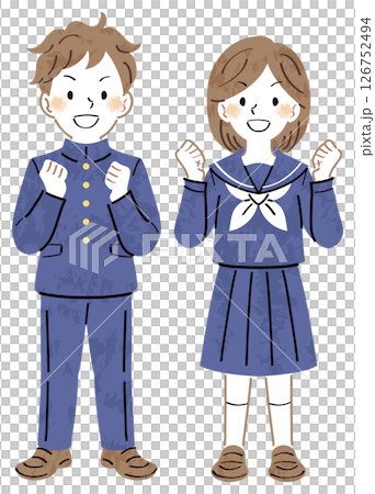 ガッツポーズをする制服姿の男女の学生のイラスト　全身 126752494