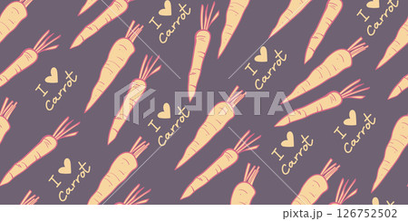 Seamless carrot pattern in hand-drawn doodle illustration style, pastel pink outline with orange plain on a pastel purple background . Veggie Time! Series. Seamless carrot pattern in hand-drawn doodle illustration style, pastel pink outline with orange plain on a pastel purple background . Veggie Time! Series. 126752502