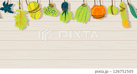 Seamless mixed vegetable hanging form above pattern in minimal graphic illustration style, colorful vivid colors on a horizontal light brown wooden background. Veggie Time! Series. 126752505