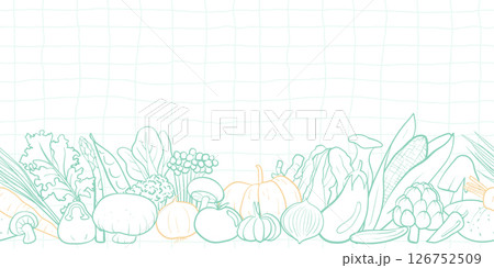 Seamless mixed vegetable pattern in hand-drawn doodle illustration style, pastel green and yellow outline with green grid on a white background. Veggie Time! Series. 126752509