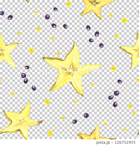 Hand painted yellow carambola slices in star shapes and black seeds seeds watercolor isolated seamless pattern. Tropical starfruit illustration tropical restaurant menu, healthy food packaging. Hand painted yellow carambola slices in star shapes and black seeds seeds watercolor isolated seamless pattern. Tropical starfruit illustration tropical restaurant menu, healthy food packaging. 126752955