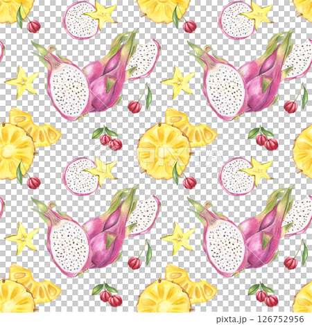 Watercolor seamless pattern of pitaya, pineapple slices and acerola berries. Pitahaya and cherries or acerola isolated ornate for healthy food packaging, summer fashion textiles and exotic home decor Watercolor seamless pattern of pitaya, pineapple slices and acerola berries. Pitahaya and cherries or acerola isolated ornate for healthy food packaging, summer fashion textiles and exotic home decor 126752956