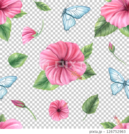 Pink hibiscus flowers, blue butterflies and green leaves watercolor seamless pattern isolated background. Floral ornate for wedding invitation, feminine fashion textile, cheerful home decor Pink hibiscus flowers, blue butterflies and green leaves watercolor seamless pattern isolated background. Floral ornate for wedding invitation, feminine fashion textile, cheerful home decor 126752963