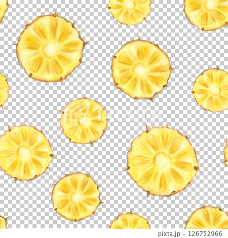 Round yellow pineapple slices watercolor seamless pattern isolated background. Hand painted sunny tropical cross section fruit illustration. Repeat ornate for kitchen textile, summer party decoration Round yellow pineapple slices watercolor seamless pattern isolated background. Hand painted sunny tropical cross section fruit illustration. Repeat ornate for kitchen textile, summer party decoration 126752966