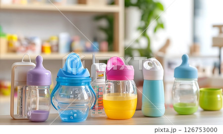 A row of baby bottles with different colors and shapes 126753000