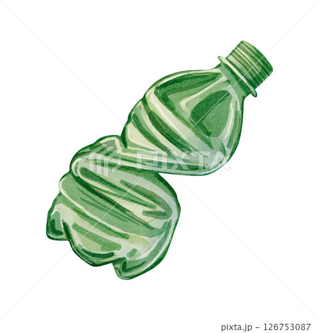 A crumpled green plastic bottle. Watercolor illustration on waste and recycling. Nature conservation. Perfect for zero-waste campaigns, educational materials, and environmental design. A crumpled green plastic bottle. Watercolor illustration on waste and recycling. Nature conservation. Perfect for zero-waste campaigns, educational materials, and environmental design. 126753087